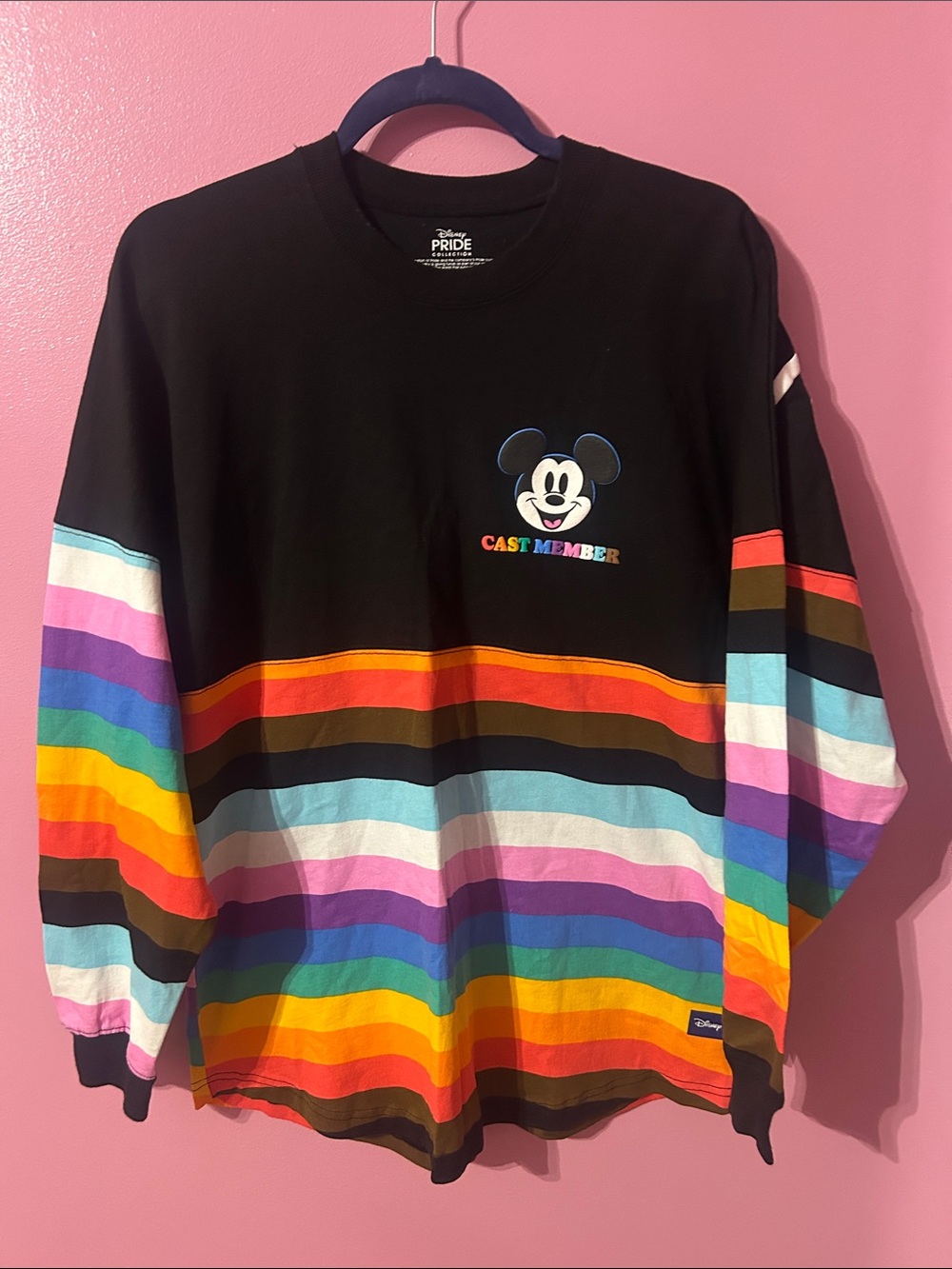 Disney Black Rainbow Stripe Mickey 'Cast Member' Long Sleeve Tee